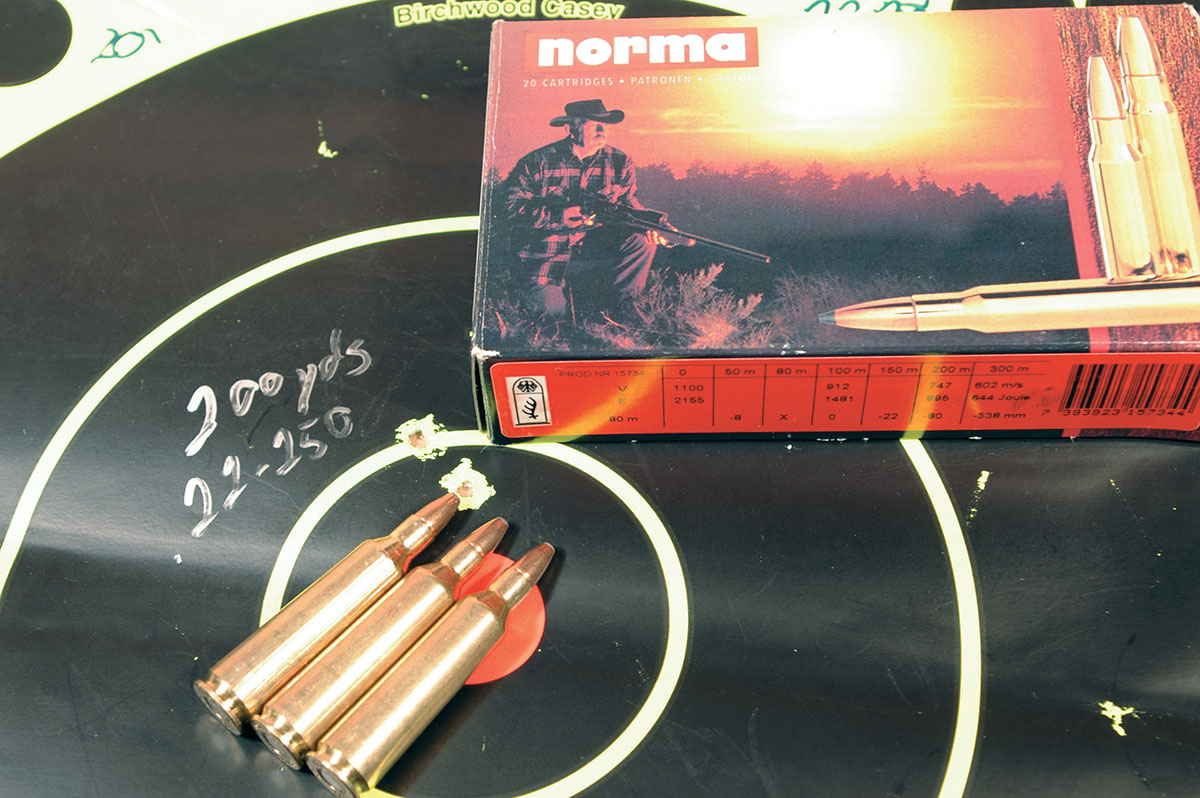 This 200-yard group was shot with Norma .22-250 Remington ammunition loaded with 55-grain Oryx bonded bullets.